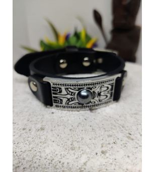 Bracelet Cuir Réglable Perle Tahiti Gravure Tiki BRC2 