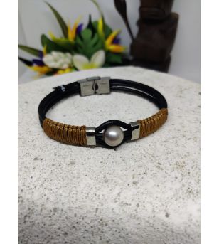 Bracelet Cuir, Corde Tressée, Perle Tahiti BRC4 