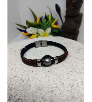 Bracelet Cuir, Corde Tressée, Perle Tahiti BRC5 