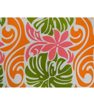 Tissu au Mètre Monstera Tiaré Rose Vert Orange 65% Polyester - 35% Cotton Largeur 110 cm