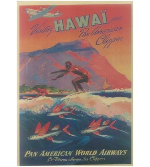 Affiche Papier Craft Hawaii, Surf, Tiki, Voyage, Vintage  42*30cm