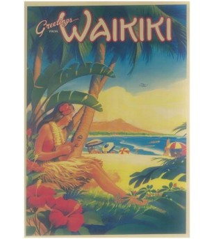 Affiche Papier Craft Hawaii, Surf, Tiki, Voyage, Vintage  42*30cm